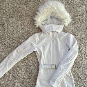 ASOS 4505 Tall belted ski suit with slim kick leg and faux fur hood